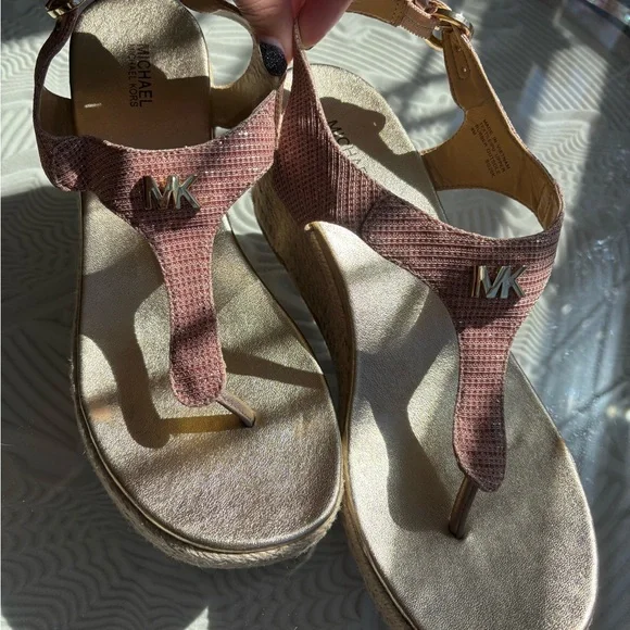 Michael Kors Laney Thong Espadrille Pink Brown Wedge Sandals 8 - Picture 2 of 5